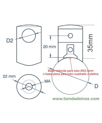 Medida soporte agujero ciego inox satinado para acoplar en tubo redondo o plano 771-INOX
